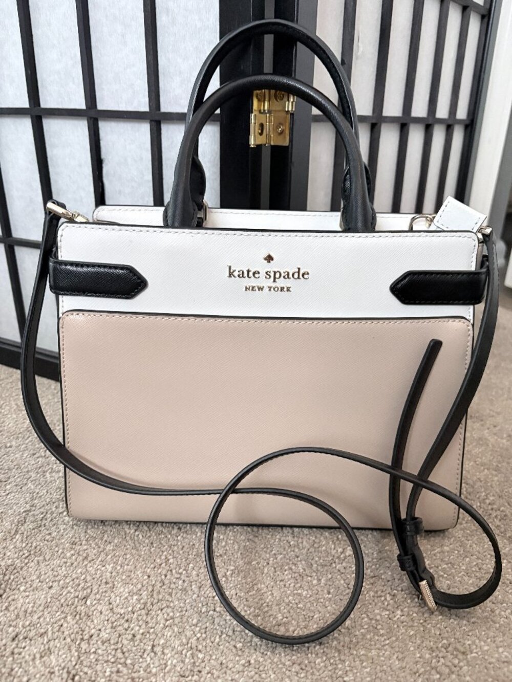 Kate Spade Staci Medium Saffiano Leather Satchel in Warm Beige/Black
